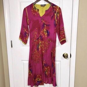 Satya India Peacock Print Cotton Kurti Dress Pink Sequin Beaded Tunic Size M